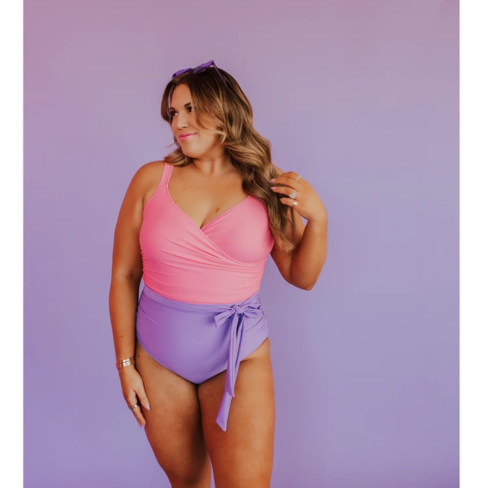 SARAH WRAP ONE PIECE IN BUBBLEGUM COLOR BLOCK BY PINK DESERT